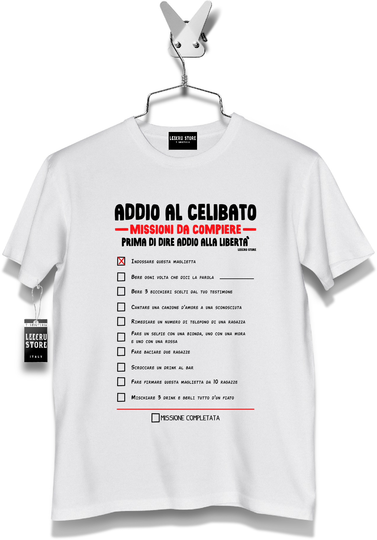 T-Shirt LeecruStore" Addio al celibato, missioni da compiere "